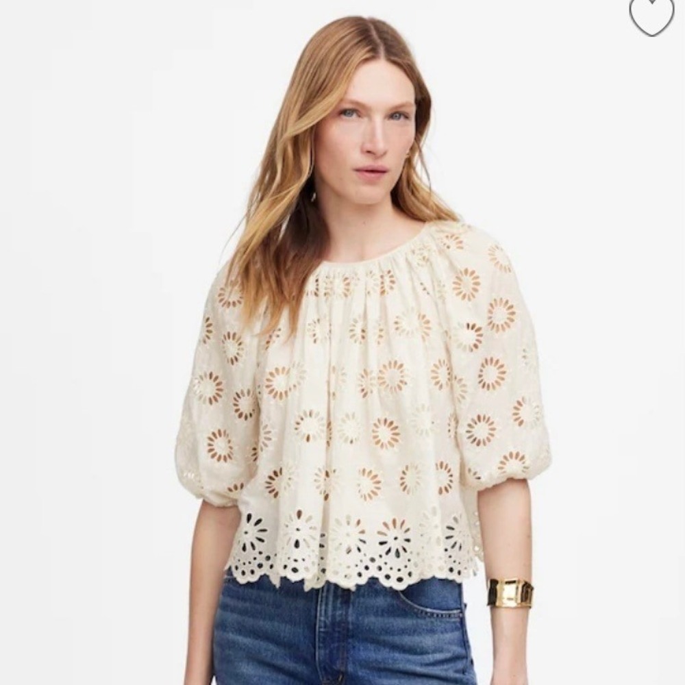 Madewell‎ Top Womens 2XS Embroidered Shirred Puff Sleeve Eyelet Cream NV195